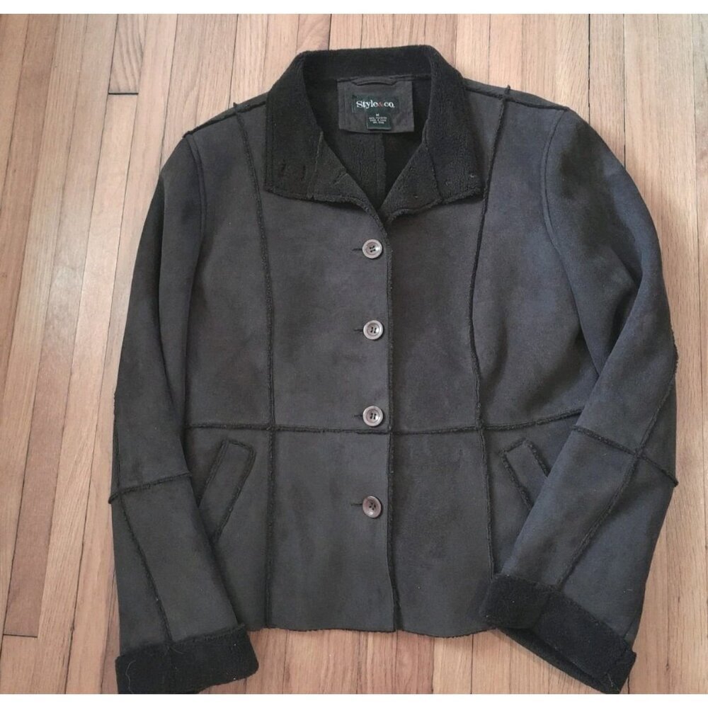 Style & Co Womens Faux Suede Patchwork Fleece Lined Jacket Sz Medium Chocolate